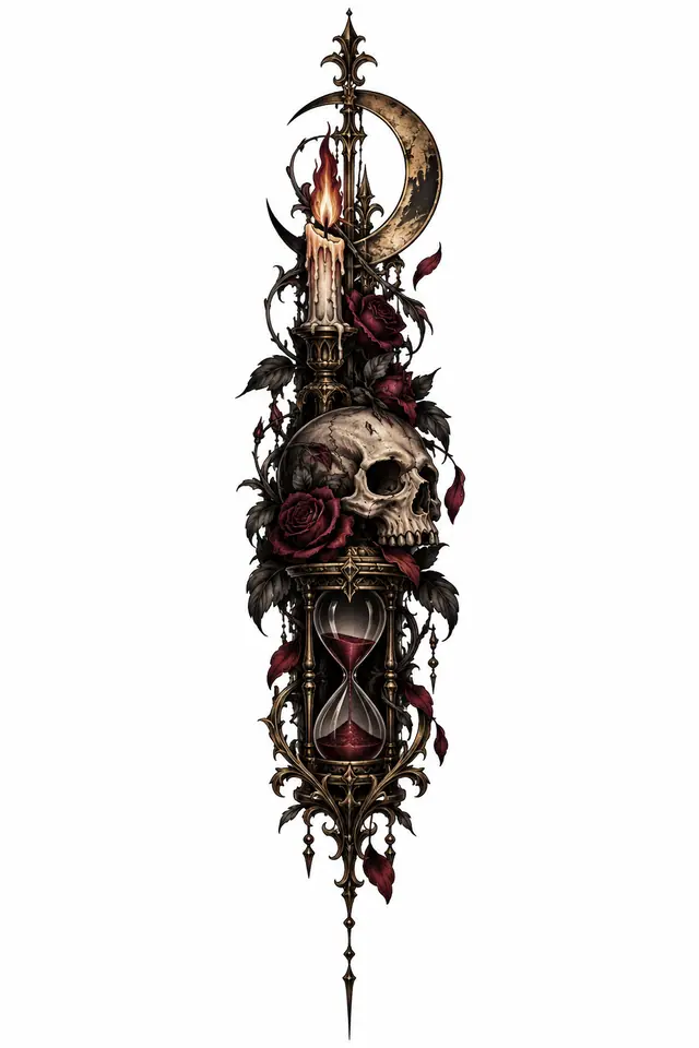 Neo-traditional memento mori tattoo design for the spine