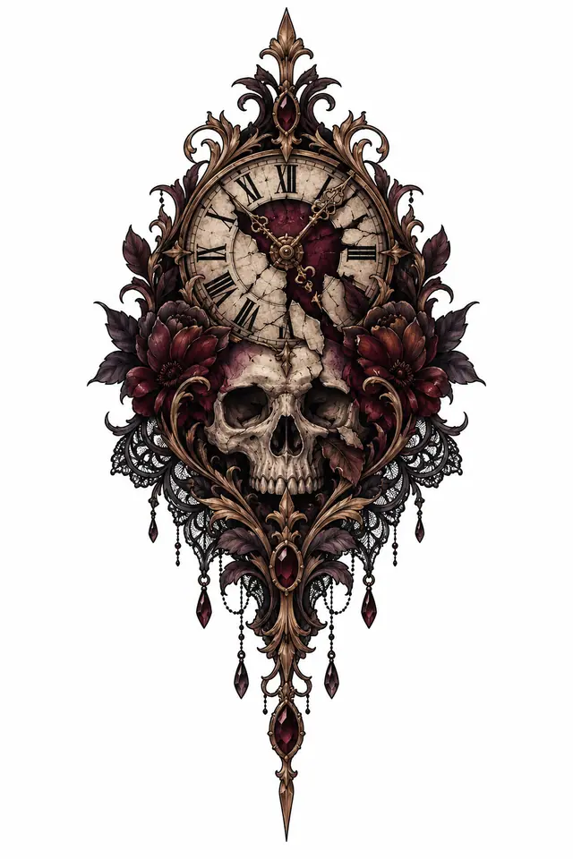 Neo-traditional memento mori tattoo design for the sternum