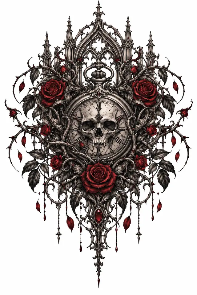 Red and black memento mori tattoo design for the back