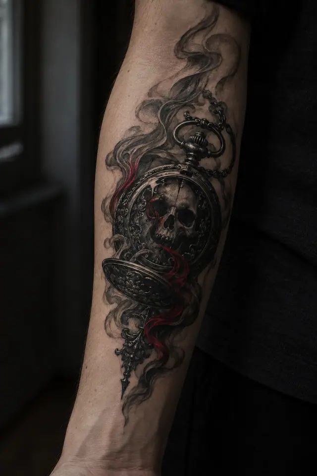 Red and black memento mori tattoo on the forearm
