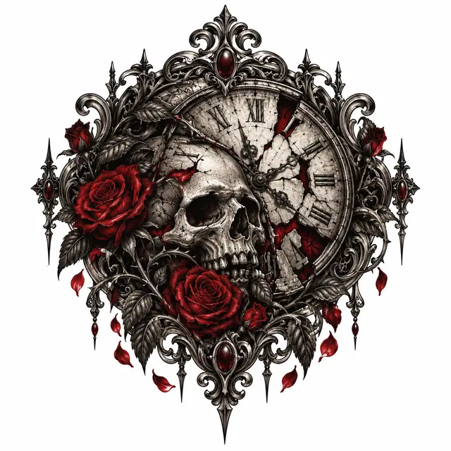Red and black memento mori tattoo design for the shoulder