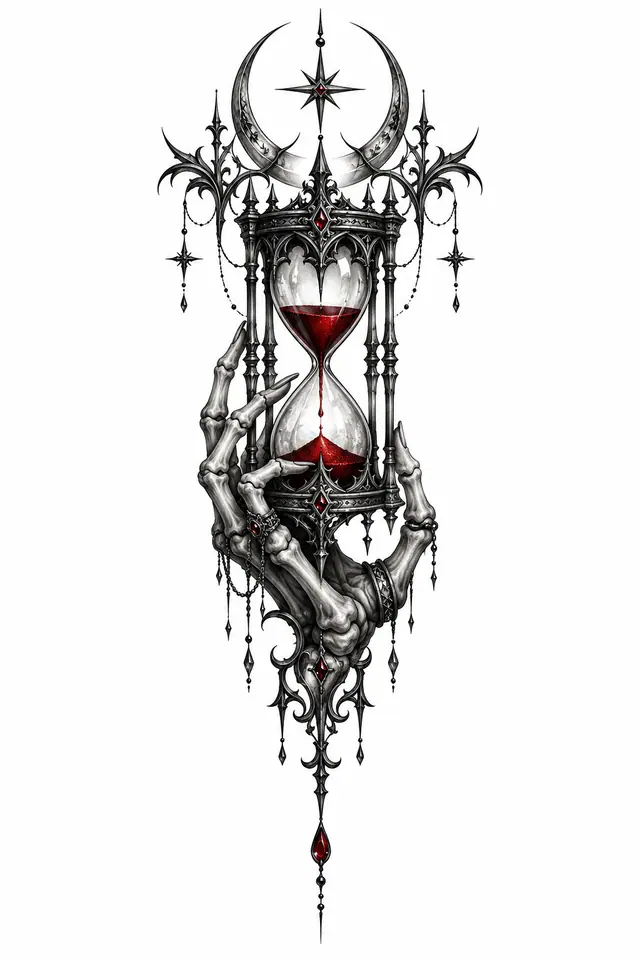 Red and black memento mori tattoo design for the sternum