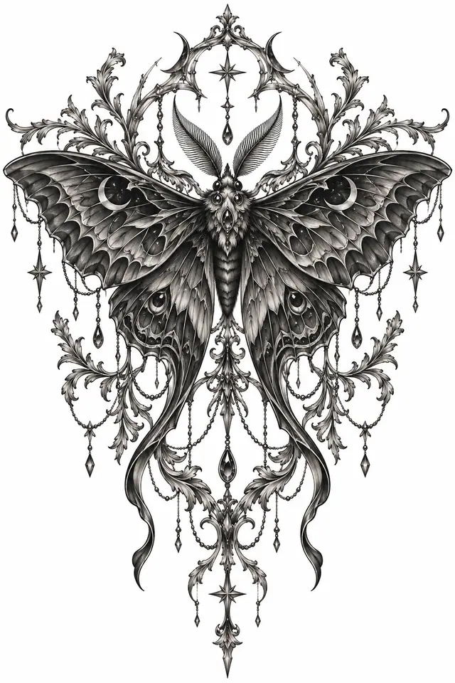 Black and grey gothic moth tattoo design for the back