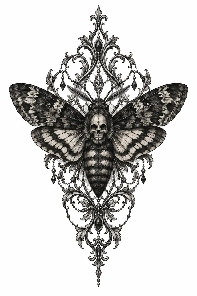 Black and grey gothic moth tattoo design for the forearm
