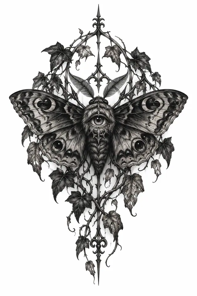 Black and grey gothic moth tattoo design for the hand