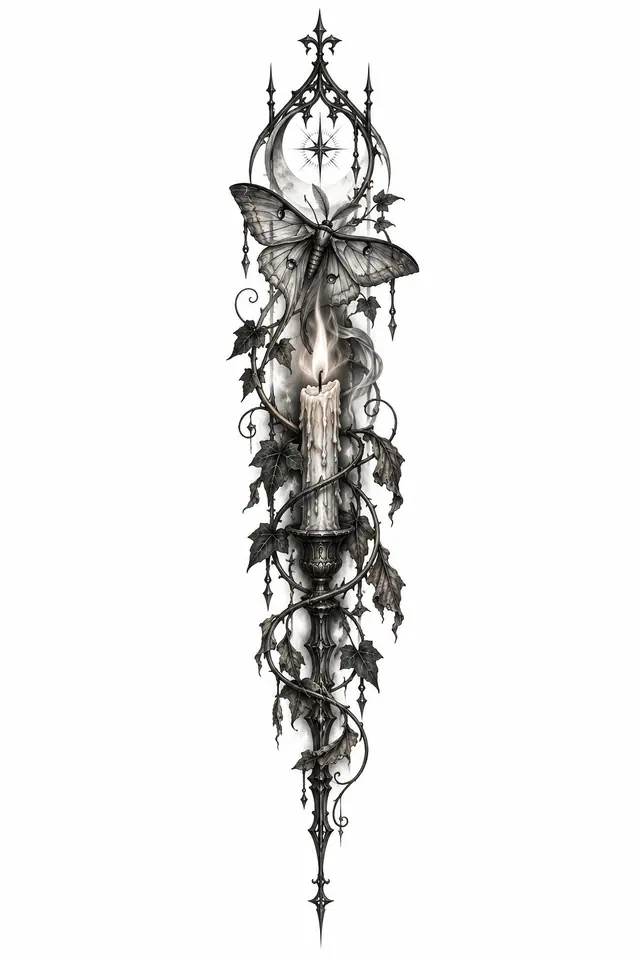 Black and grey gothic moth tattoo design for the spine