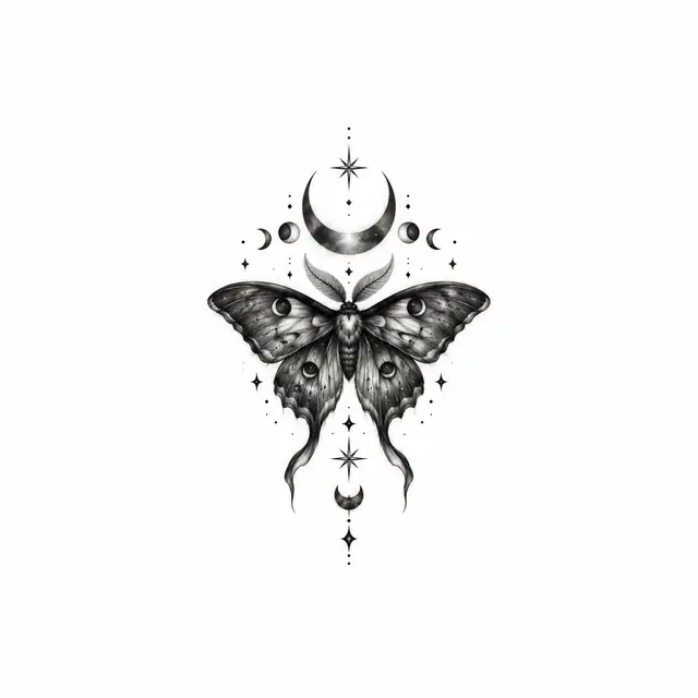 Black and grey gothic moth tattoo design for the wrist