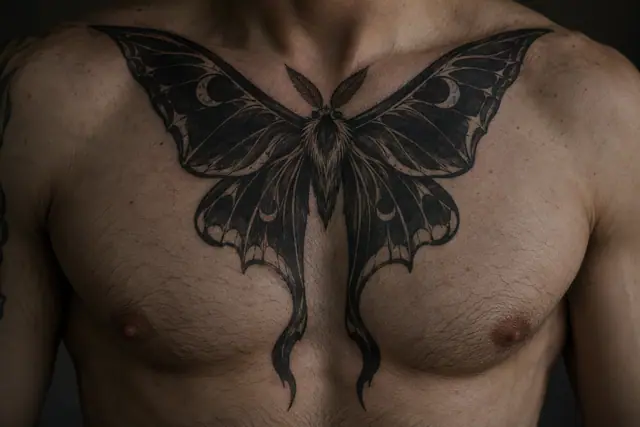 Blackwork gothic moth tattoo on the chest
