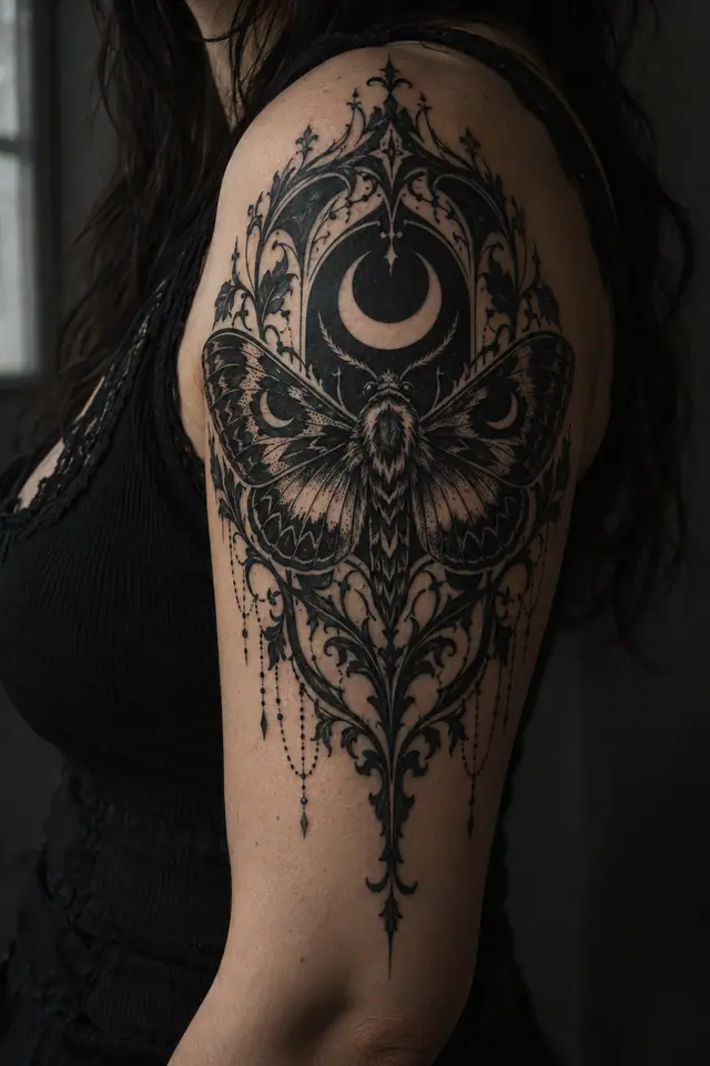 Blackwork gothic moth tattoo on the upper arm (half sleeve)