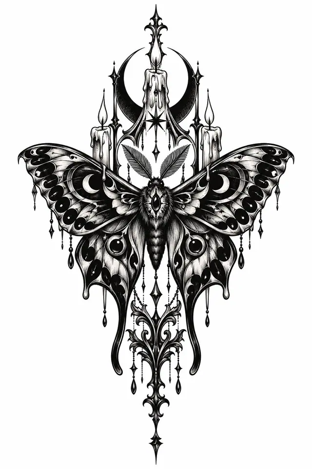 Blackwork gothic moth tattoo design for the thigh