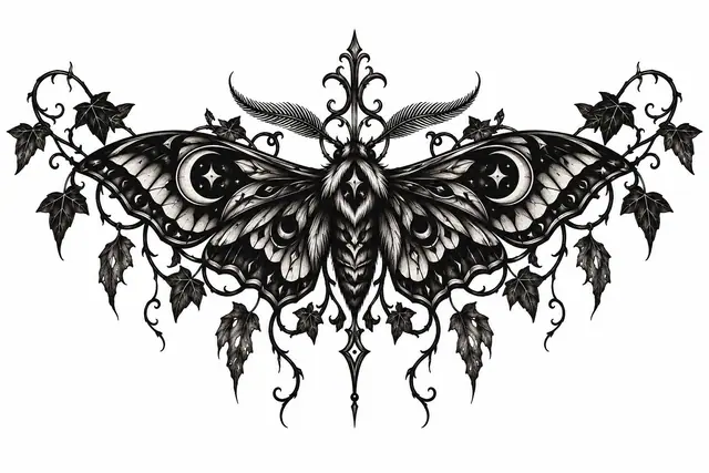 Blackwork gothic moth tattoo design for the throat