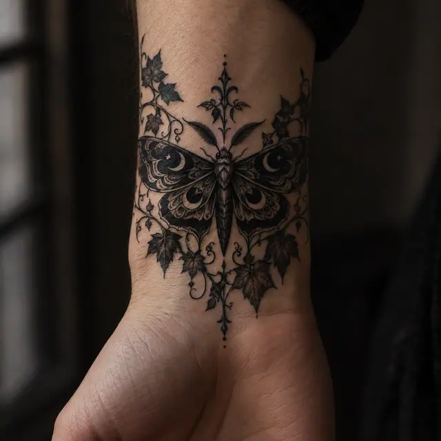 Blackwork gothic moth tattoo on the wrist