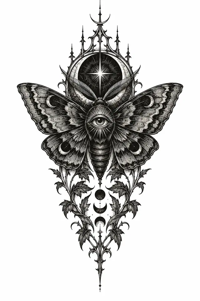 Engraving-style gothic moth tattoo design for the calf