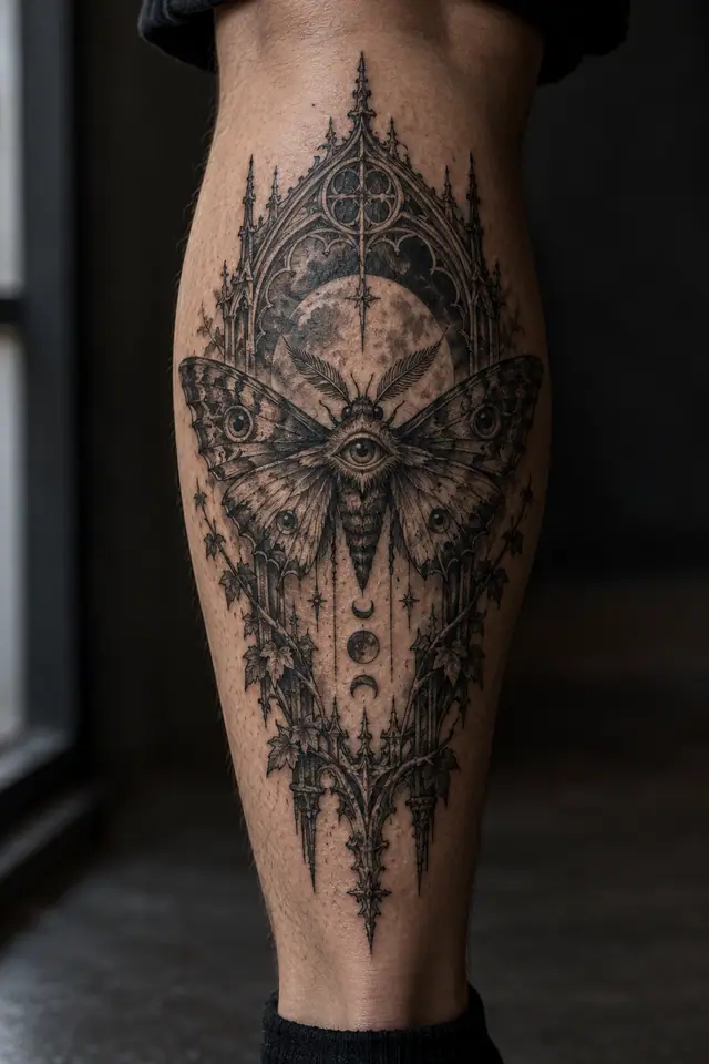 Engraving-style gothic moth tattoo on the calf