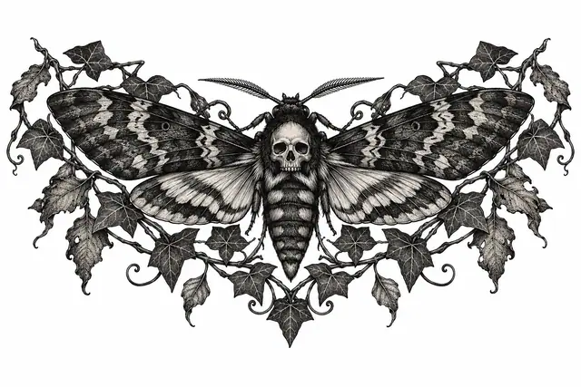 Engraving-style gothic moth tattoo design for the chest