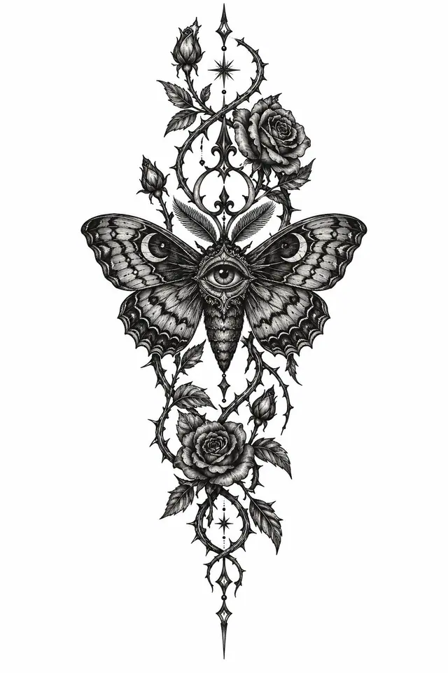 Engraving-style gothic moth tattoo design for the forearm