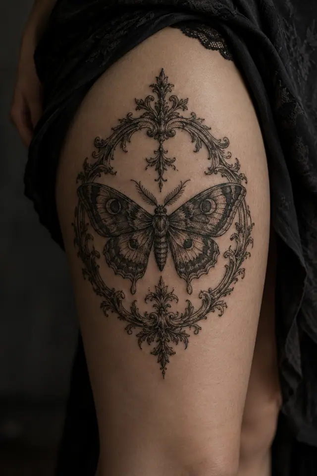 Engraving-style gothic moth tattoo on the thigh