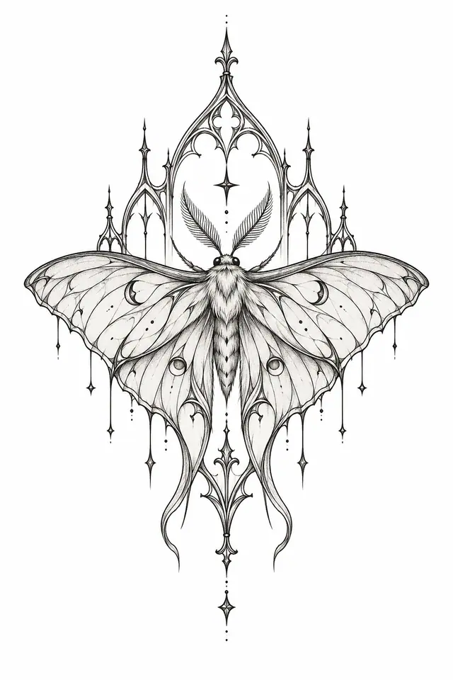 Fine-line gothic moth tattoo design for the hand