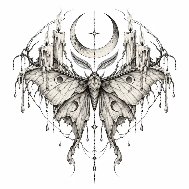 Fine-line gothic moth tattoo design for the shoulder