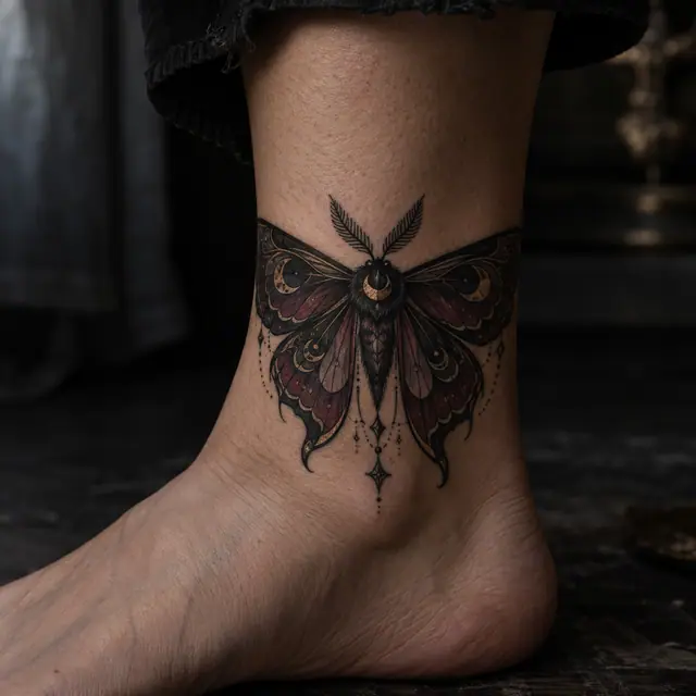 Neo-traditional gothic moth tattoo on the ankle