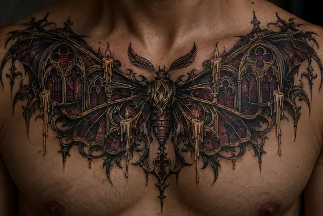 Neo-traditional gothic moth tattoo on the chest
