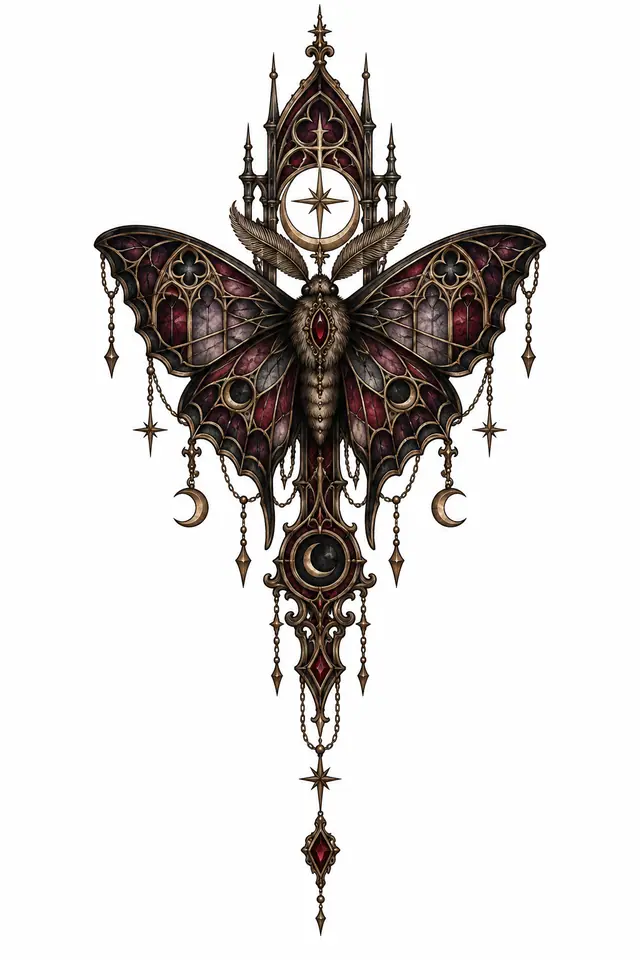 Neo-traditional gothic moth tattoo design for the spine