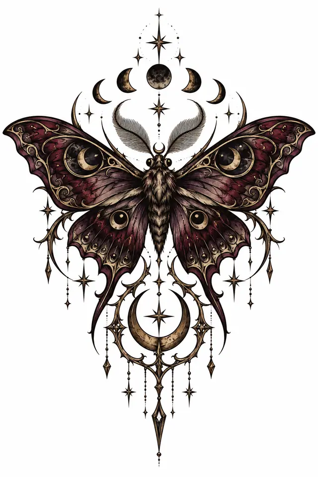 Neo-traditional gothic moth tattoo design for the sternum