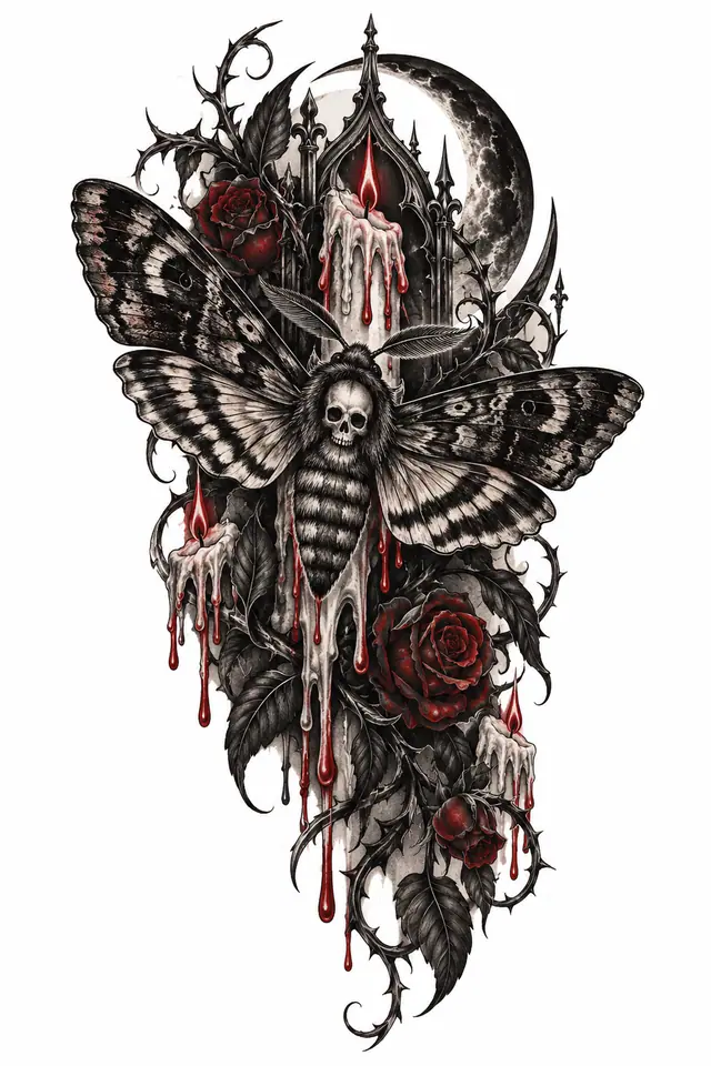 Red and black gothic moth tattoo design for the upper arm (half sleeve)