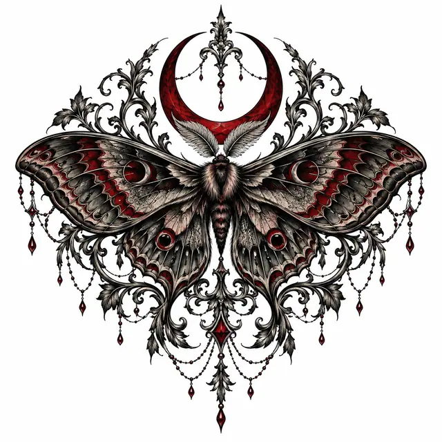 Red and black gothic moth tattoo design for the shoulder