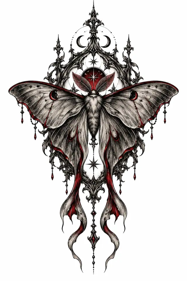 Red and black gothic moth tattoo design for the sternum