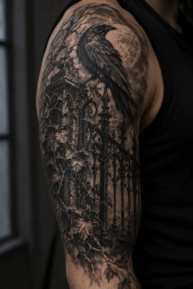 Black and grey gothic raven tattoo on the upper arm (half sleeve)