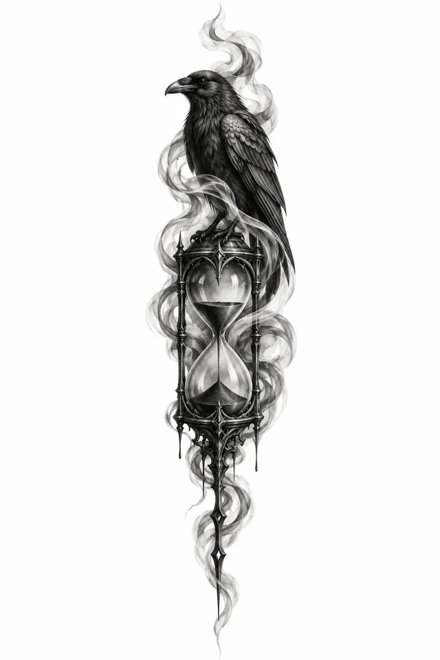 Black and grey gothic raven tattoo design for the spine