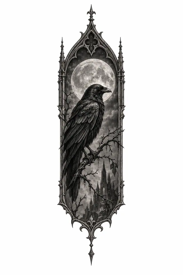 Black and grey gothic raven tattoo design for the thigh