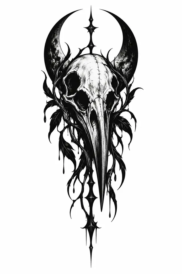 Blackwork gothic raven tattoo design for the calf