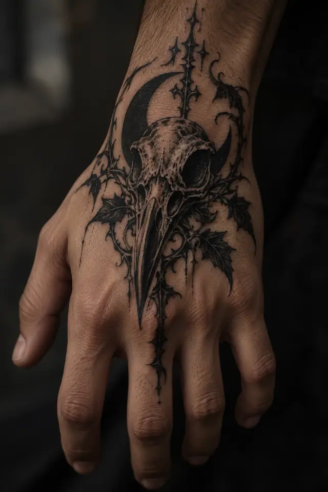 Blackwork gothic raven tattoo on the hand