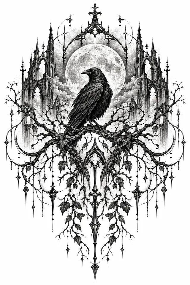 Dotwork gothic raven tattoo design for the back