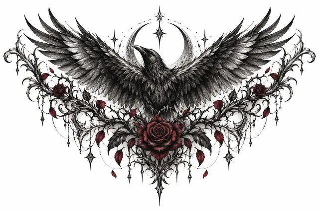 Dotwork gothic raven tattoo design for the chest