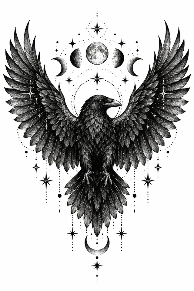 Dotwork gothic raven tattoo design for the hand