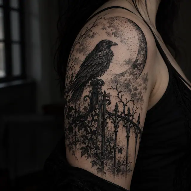 Dotwork gothic raven tattoo on the shoulder