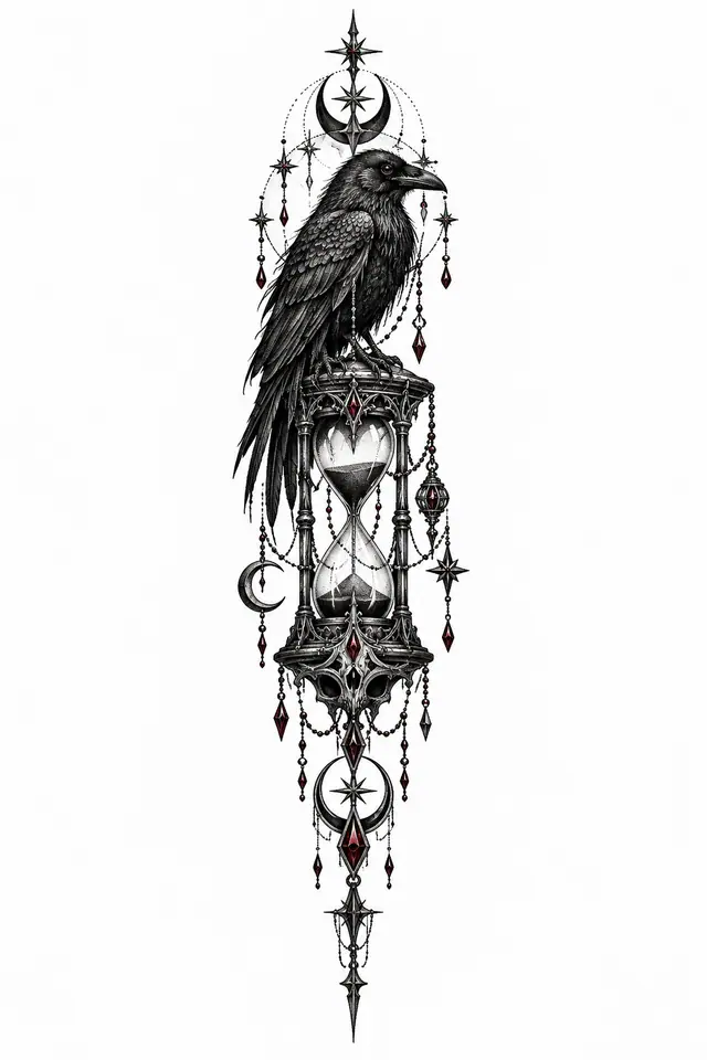 Dotwork gothic raven tattoo design for the spine