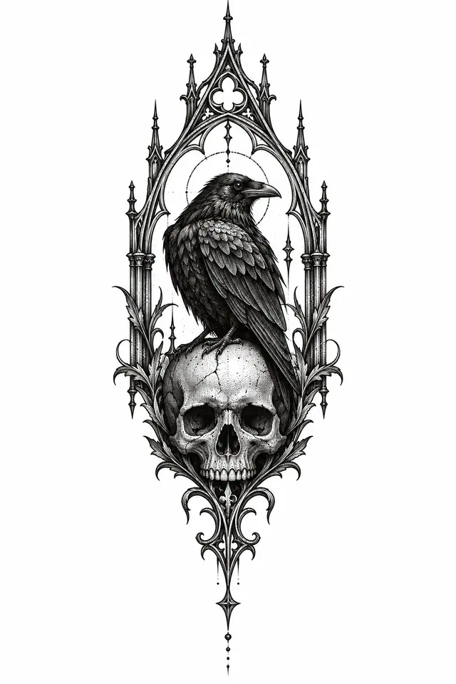 Dotwork gothic raven tattoo design for the sternum