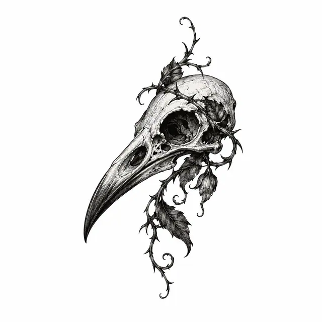 Engraving-style gothic raven tattoo design for the ankle