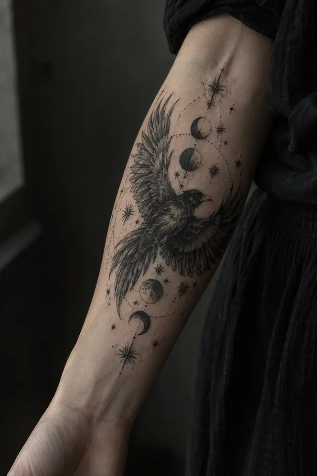 Engraving-style gothic raven tattoo on the forearm