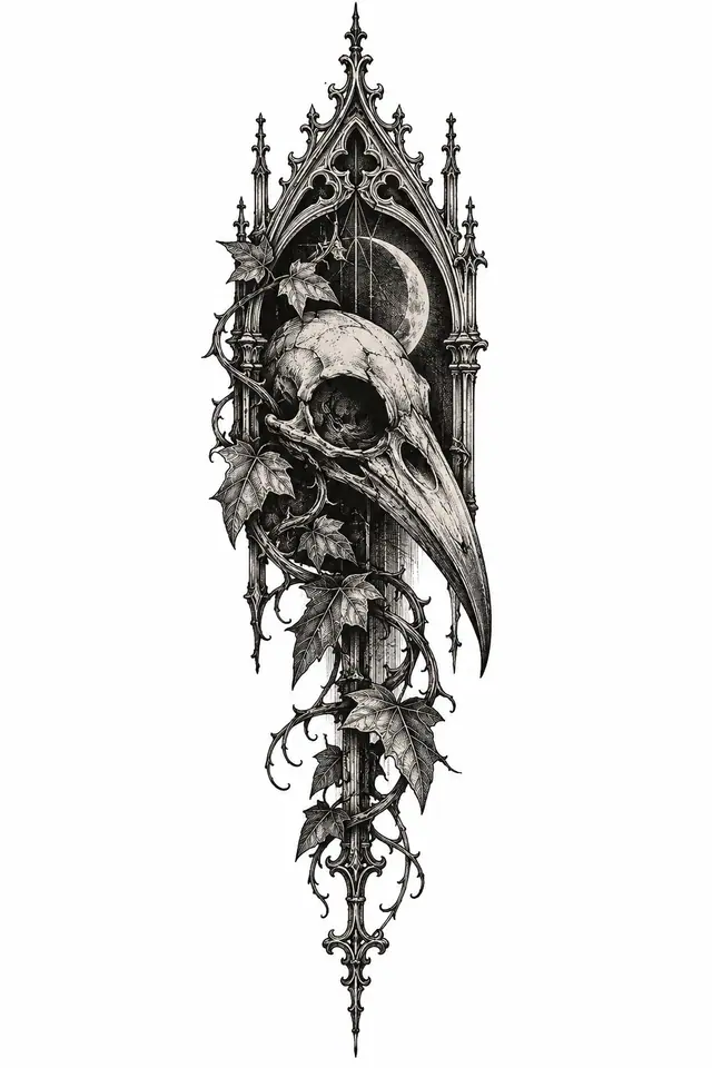 Engraving-style gothic raven tattoo design for the forearm
