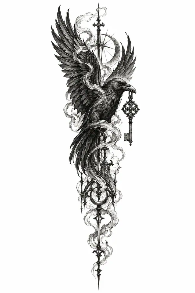 Engraving-style gothic raven tattoo design for the spine