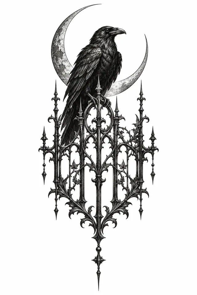 Engraving-style gothic raven tattoo design for the sternum