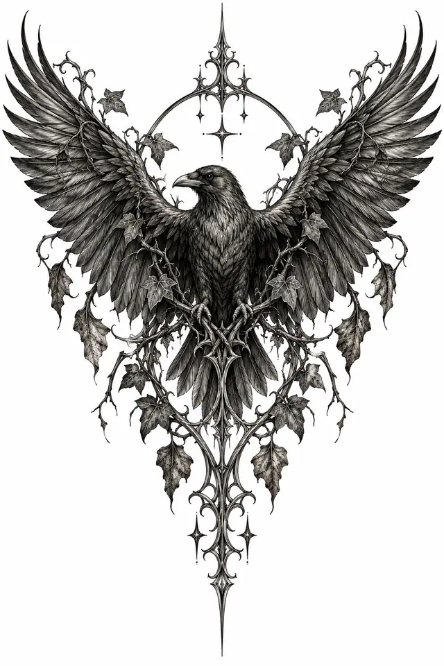 Engraving-style gothic raven tattoo design for the sternum