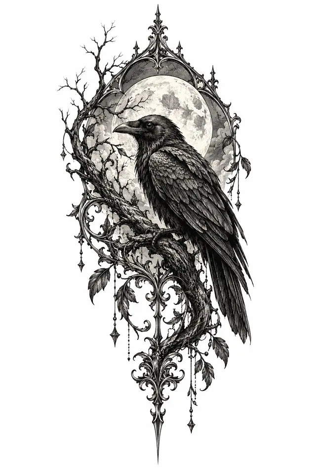 Engraving-style gothic raven tattoo design for the thigh