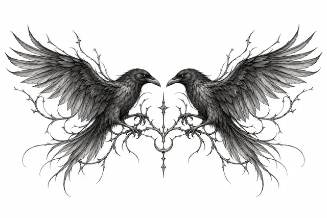 Fine-line gothic raven tattoo design for the chest