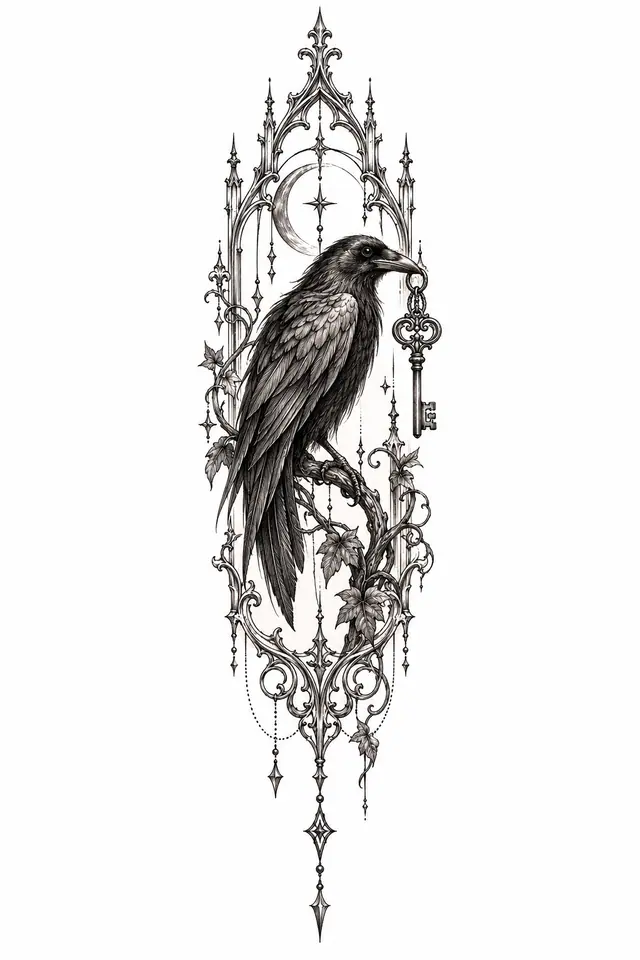 Fine-line gothic raven tattoo design for the forearm